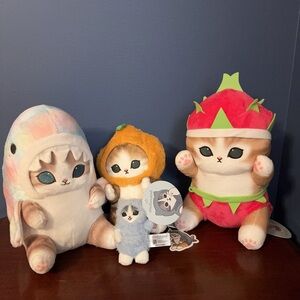 NEW Mofusand Plush Lot Cat In Dragonfruit/Orange Costume/Rainbow Pastel Shark